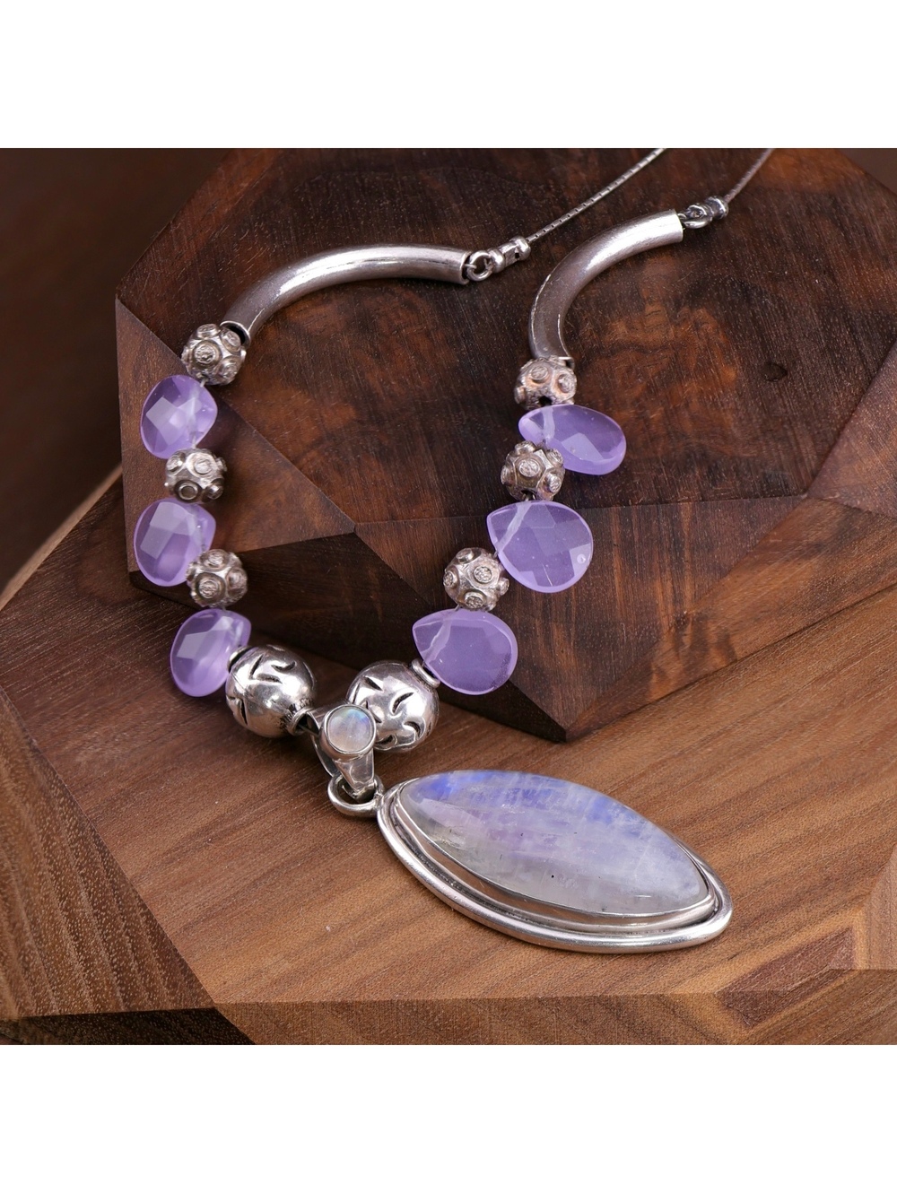 Vintage Sterling Silver Moonstone & Faceted Lavender Glass Balinese Necklace 19"